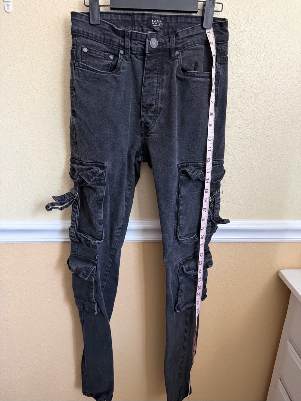 Boohoo Mens Black Washed Cargo Jeans with Utility Pockets